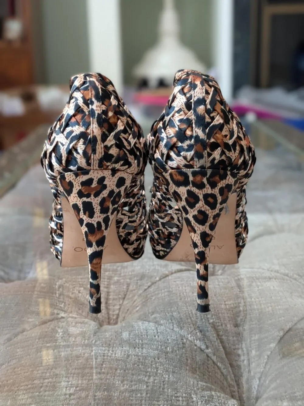 ALDO Leopard Print Woven Cage Platform Pumps Stiletto Heels Sz 38 / 7.5